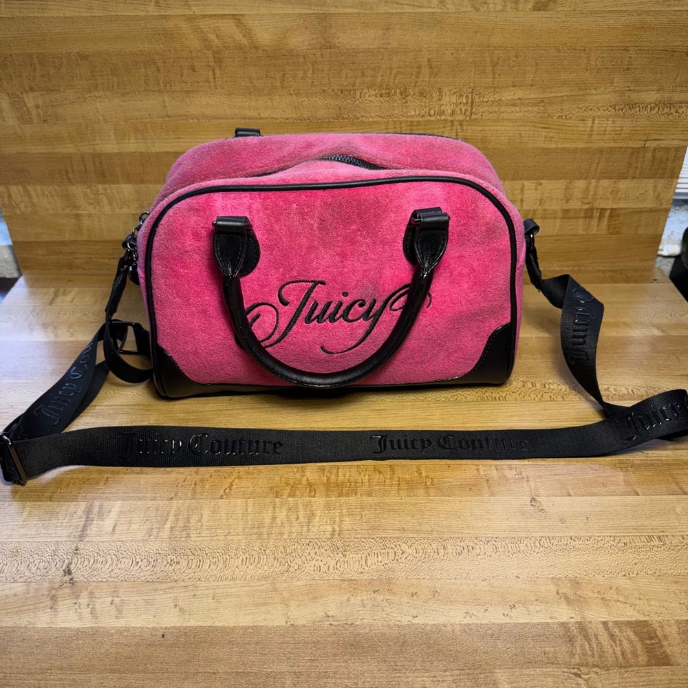 Juicy Couture Hot Pink Velour Bowler Bag Crossbody Y2K Logo Satchel Handbag
